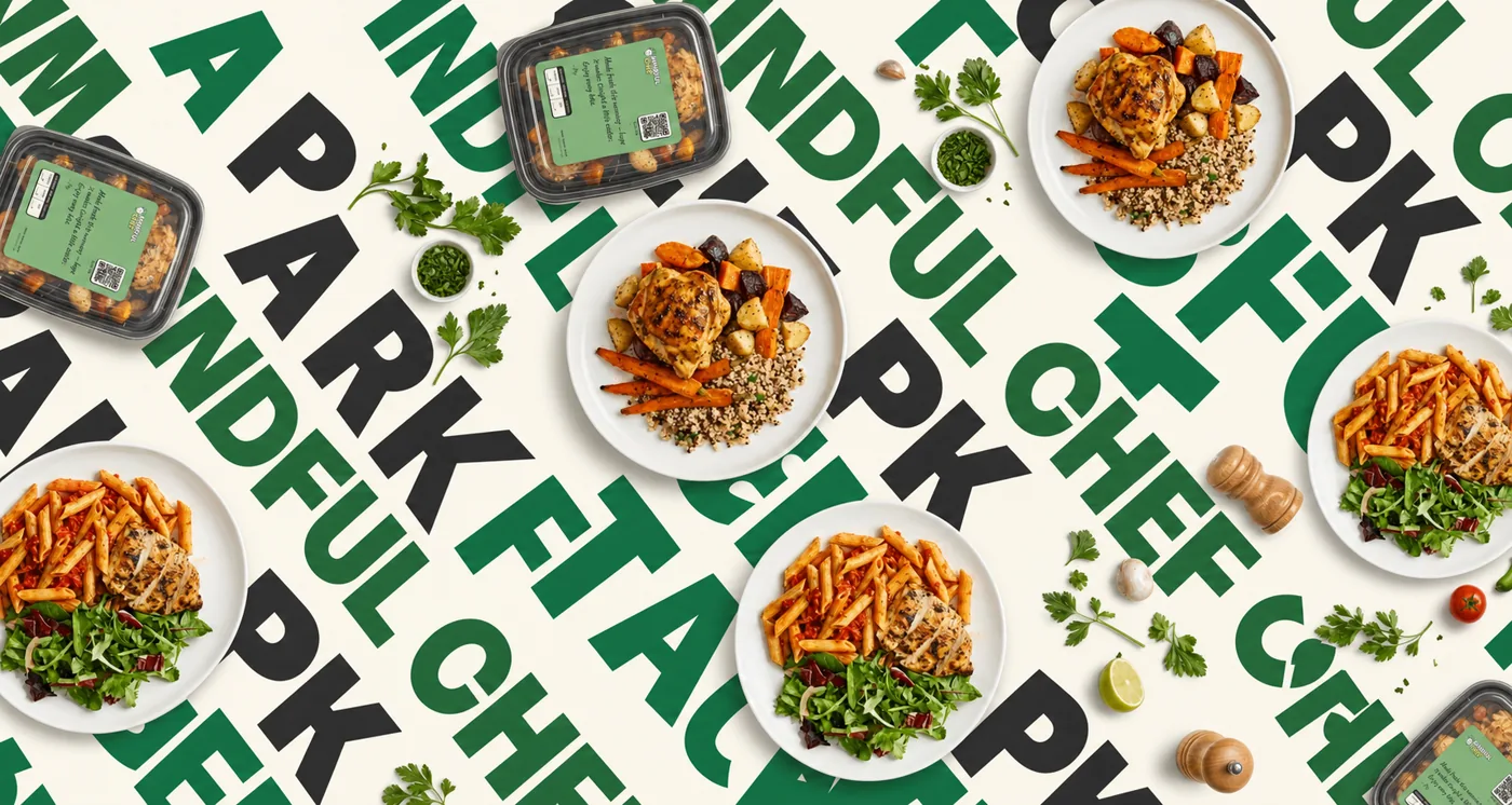 Mindful Chef prepared meals arranged across a bold diagonal typographic background
