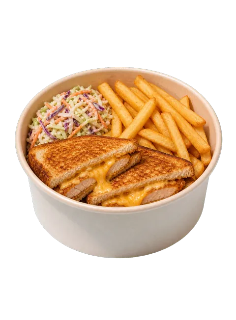 Cheese burst chicken sandwich with fries and slaw