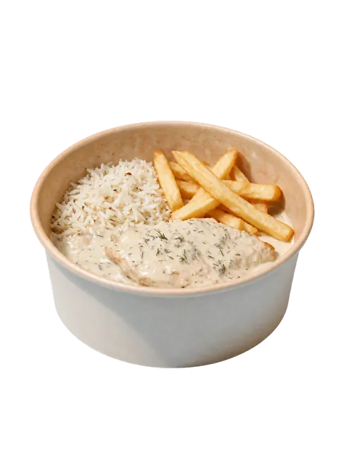 Chicken tarragon bowl with rice and fries