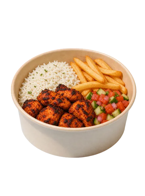 Chicken tikka bowl with rice, fries and fresh kachumber