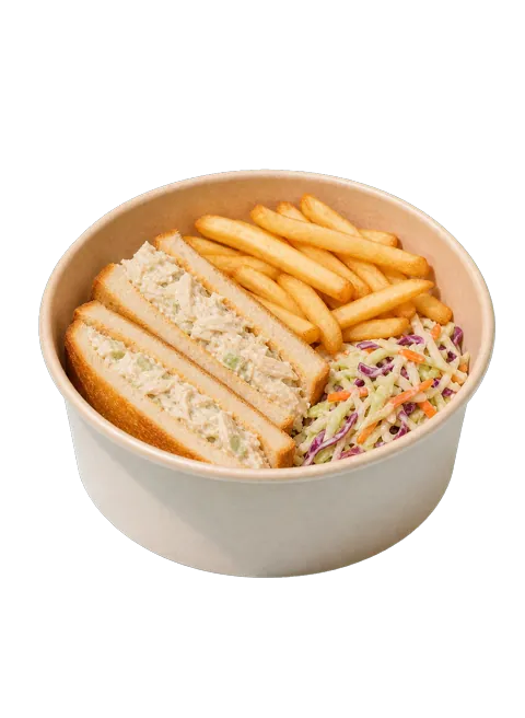 Creamy chicken cocktail sandwich with fries and slaw