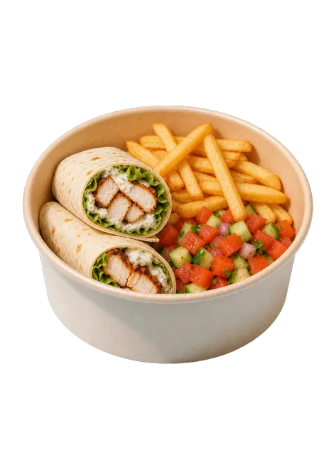 Garlic mayo chicken wrap with fries and fresh salad