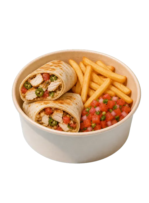 Jalapeno chicken wrap with fries and fresh salsa