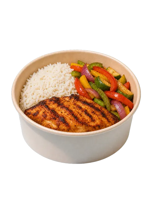 Mexicano chicken steak with rice and sauteed vegetables