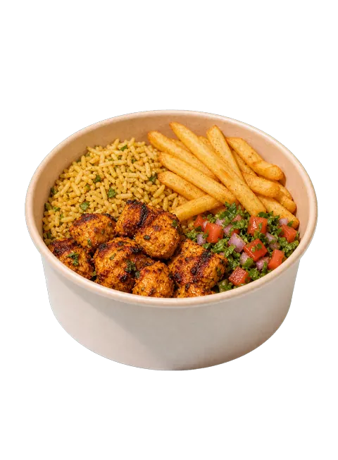 Moroccan chicken bowl with seasoned rice, fries and herb salad