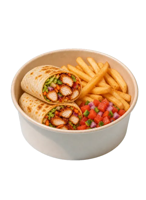 Sriracha chicken wrap with fries and fresh salsa