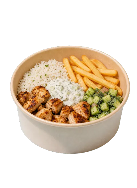 Tzatziki chicken bowl with rice, fries and cucumber salad
